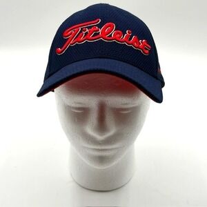 Titleist Pro V1 Golf Hat Mens ML Navy Blue A-Flex Stretch Fit Mesh Cap FJ Logo